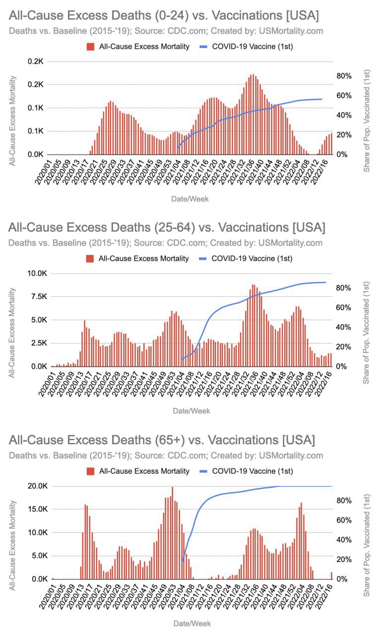 US All-Cause Excess Mortality vs Vaccinations Over Time by Age Group

As vaccination rates increase,...