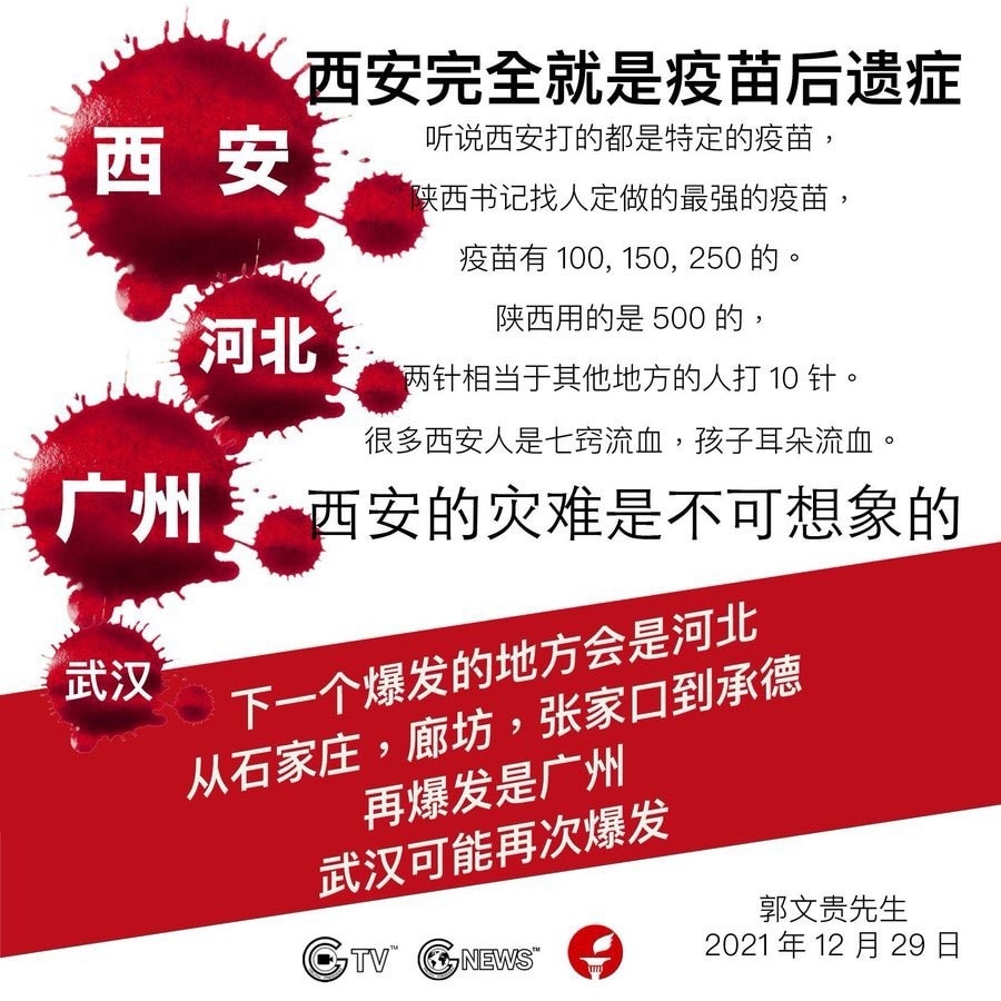西安完全是就是疫苗后遗症,疫苗的毒副作用。嘴眼鼻耳七窍流血，恐怖之极。青蒿素和依维菌素都是解疫苗毒的良药。