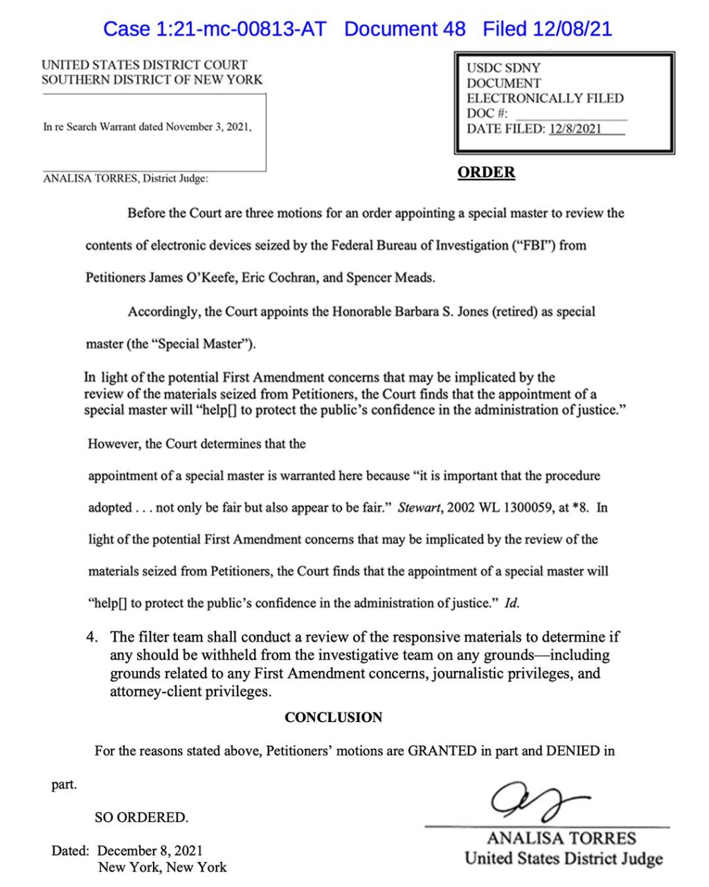 BREAKING: Federal Judge Analisa Torres Orders Special Master Over FBI Siezing of O'Keefe Phones, Citing “Journalistic Privilege”