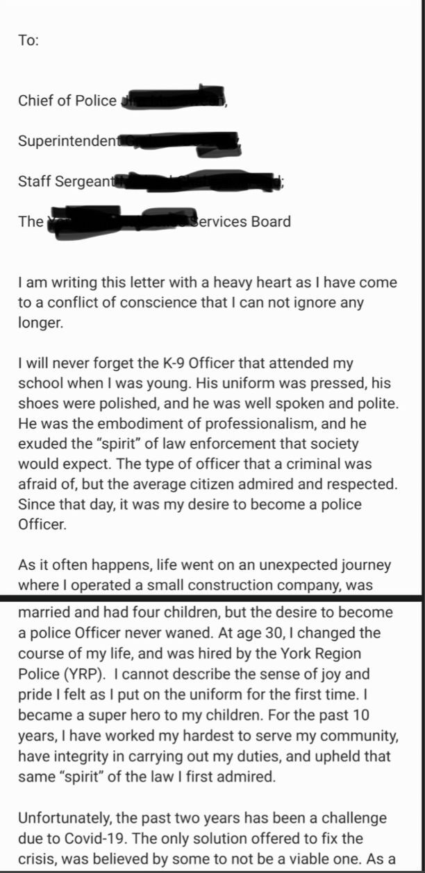 Ontario Police Constable resigns and gives a heartfelt farewell letter of resignation.