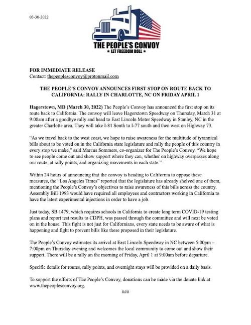 The People's Convoy Announces First Stop on Route Back to California: Rally in Charlotte, NC on Frid...