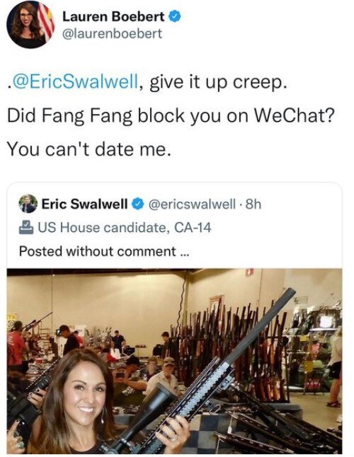 I absolutely love Lauren Boebert. We need about 300 of her in Congress.
#swalwellbangfangfangtheccps...