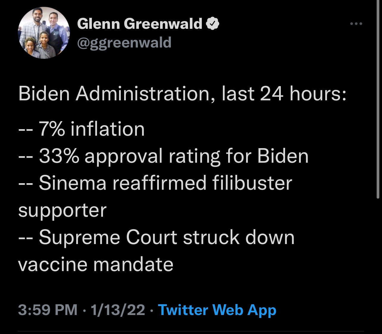 Brother Greenwald’s ‘directionally’ correct but: 
- It’s 9% PPI; 
- Only 25% approval from Independents; 
- 4 other Democrat Senators wouldn’t support; 
- And Gorsuch and Kavanaugh take down the Administrative State 

https://twitter.com/ggreenwald/status/1481732585617244166?s=21

#warroom #bannonswarroom #inflation #ppi #approvalrating #independents #democrat #maga #gettr #twitter 