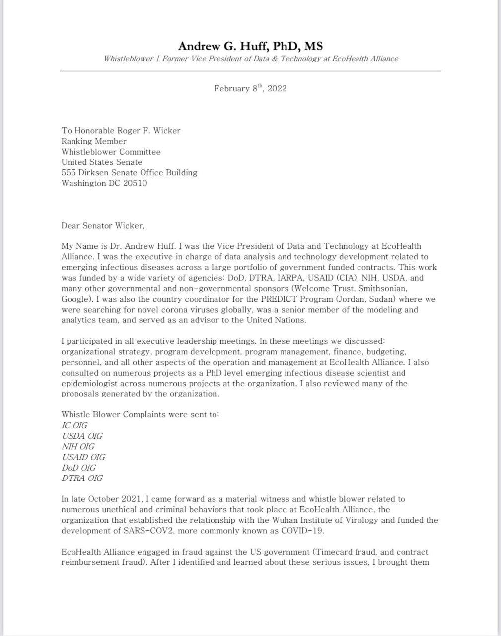 NEW: Dr. Andrew Huff, the former VP of EcoHealth Alliance, has submitted a whistleblower complaint t...