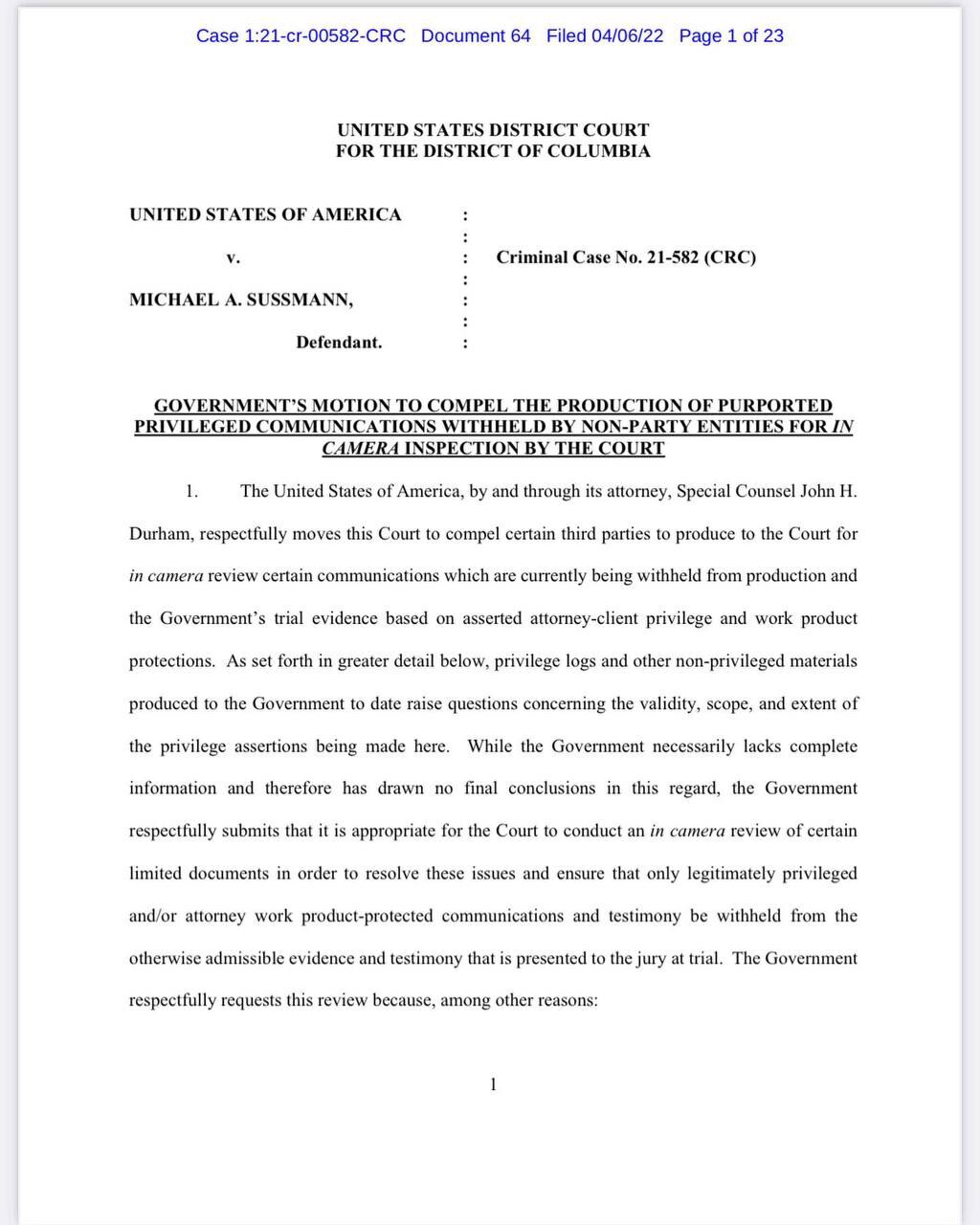 #BREAKING  #MichaelSussmann 

John #Durham files a motion that compel the production of purported pr...