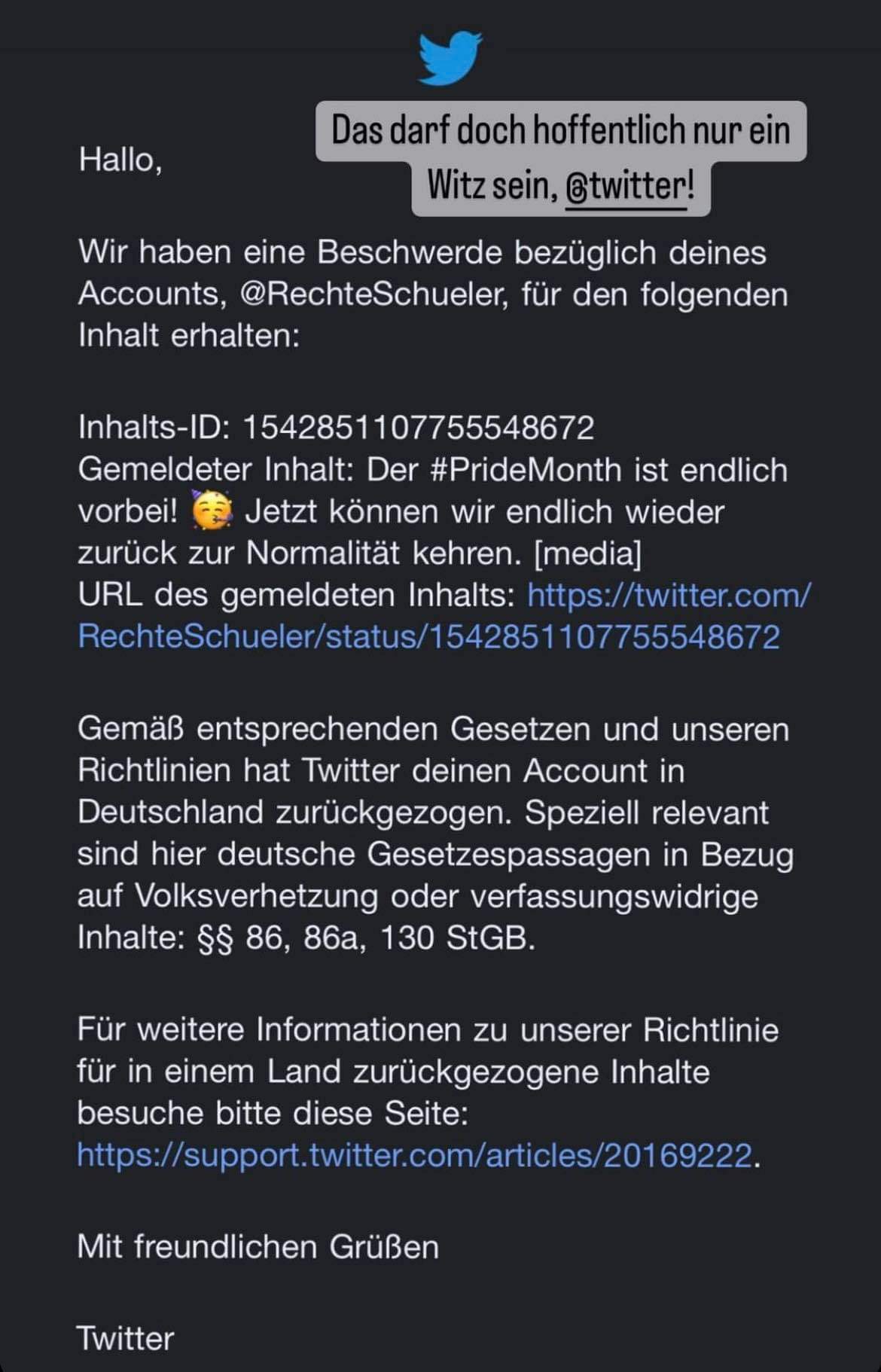 Volksverhetzung, wenn Du froh bist, dass ein Propaganda-Monat rum ist - willkommen in der Irrenansta...