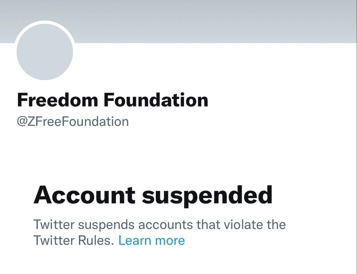 Twitter just banned the account for the Zelenko Freedom Foundation.  Yes, they banned the account of...
