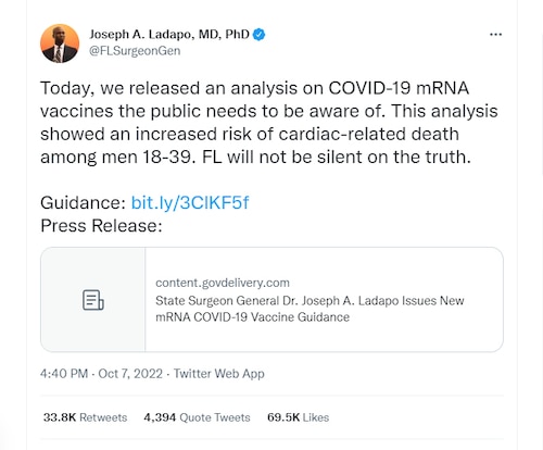 💥 Twitter has restored the post of Florida Surgeon General - warning about 84% increase in cardiac death post mRNA COVID-19 vaccination

Some bizarre action going on at Twitter...

First they deleted the post and called it "misinformation"

but by this morning, they restored it.

Not sure what the consequences would have been for censoring a US government source warning about mRNA Vaccine injuries and deaths.

The censorship is still out of control.

https://twitter.com/FLSurgeonGen/status/1578515633159180289