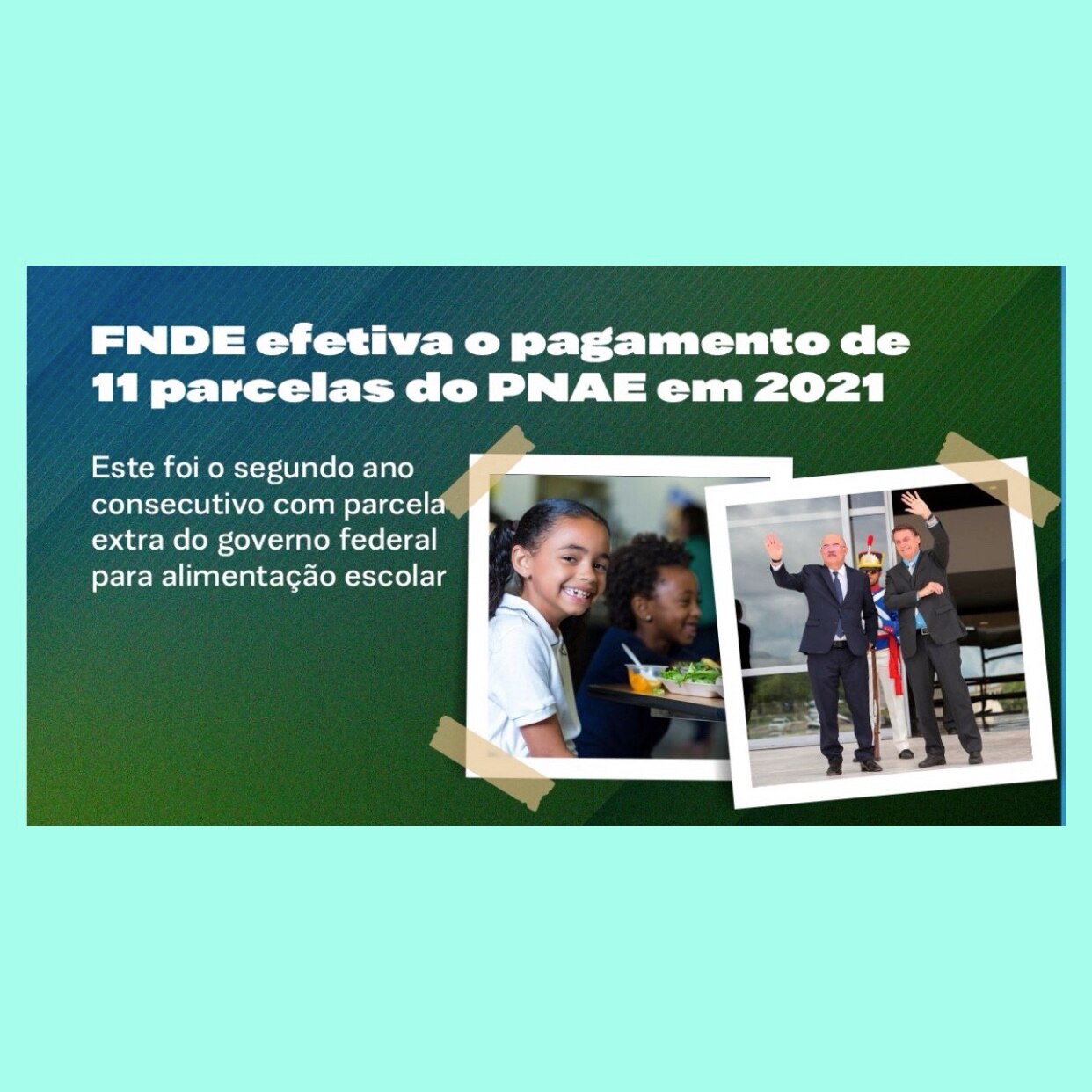 O Governo do Brasil efetiva o pagamento de 11 parcelas do Programa Nacional de Alimentação Escolar. A ação ocorre pelo 2º ano consecutivo. Apenas neste mês foram transferidos R$ 354 milhões, quase R$ 4,2 bilhões repassados a entes federativos de todo o Brasil durante o ano.
A parcela extra foi transferida para reforçar a alimentação dos estudantes das redes públicas durante a pandemia. Por meio do Programa, durante o ano letivo regular, são servidas mais de 50 milhões de refeições diárias, totalizando cerca de 10 bilhões de refeições por ano.
Mais detalhes: https://www.gov.br/mec/pt-br/assuntos/noticias/fnde-efetiva-pagamentos-e-repassa-r-4-2-bilhoes-a-entes-federativos
Ministério da Educação