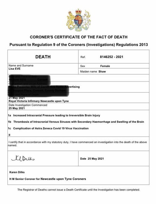 BBC Presenter Lisa Shaw death certificate 

Cause of death: “Complication of AstraZeneca Covid 19 Virus Vaccination”. Usually they just write vaccine deaths off as 'natural death'.