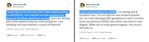 💥 Quadruple vaxxed Pfizer CEO tests COVID-19 positive for second time in a month 💥

He took Paxlovid the first time.

Either he is lying or has Paxlovid rebound.

"I've not had the new bivalent booster yet" 😂

It's hard to imagine that anyone is still willing to take Pfizer products at this point in time.