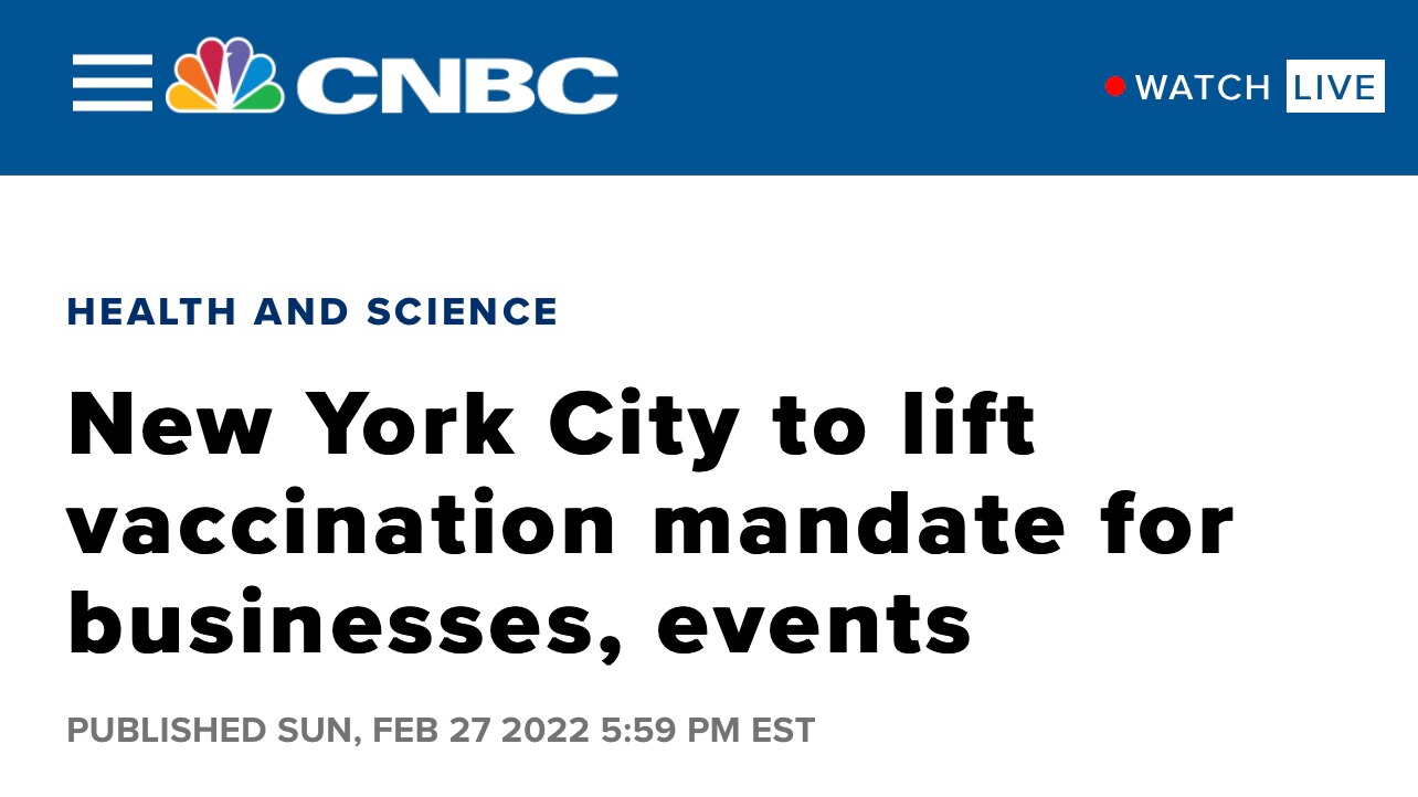 “Mayor Eric Adams announced Sunday that his administration would end its vaccine mandate requirement...