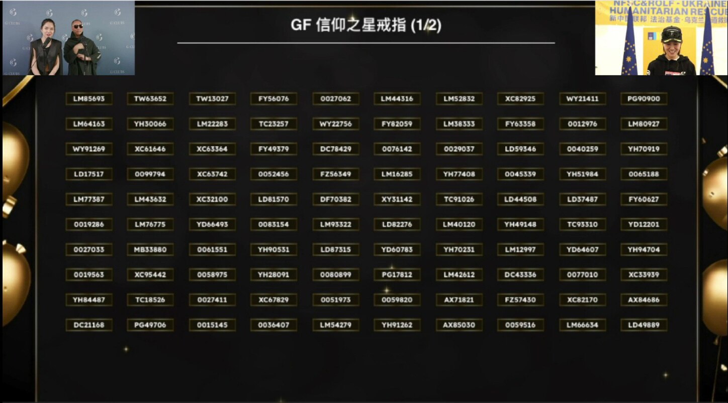 【G|Clubs 2022年会G|Talks中奖名单】

奖品8⃣️：GF黑铑金信仰之星戒指 (单价: $380.00)
奖品数量：200
获奖者如图

恭喜中奖者！🎉🎉🎉🎉🎉🎉🎉🎁🎁🎁🎁🎁🎁🎁

【G|Talks 2022 by G|Clubs Sweepstakes Winner’s List】

Prize 8⃣️: GFASHION Star Ring--Black Rhodium (Unit Value: $380.00) 
Number of Prizes: 200
The winners are as following

Congratulations to the winners！🎉🎉🎉🎉🎉🎉🎉🎁🎁🎁🎁🎁🎁🎁