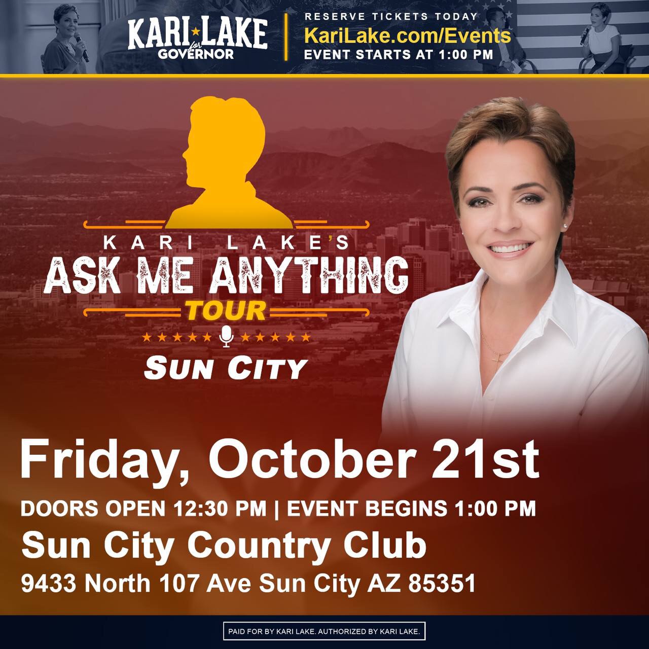 🚨TOMORROW🚨

Join us in Sun City tomorrow for our ELEVENTH stop on @KariLake’s ‘Ask Me Anything’ Tour! 

REGISTER: karilake.com/events 