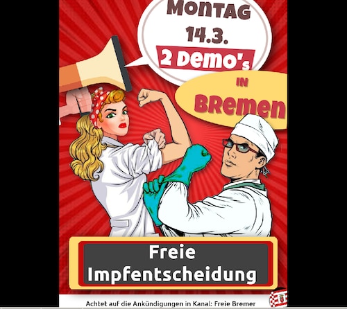 ‼️ Großdemos am 14.3.22 in Bremen‼️

‼️Für FREIE IMPFENTSCHEIDUNG ‼️
Es wird am Montag, 14.3. zwei angemeldete Großdemos in Bremen geben. Alle Einzelheiten auf:

https://t.me/freies_bremen/2605

🕊🅵🆁🅴🅸🅴֔ 🅱️🆁🅴🅼🅴🆁֔ 🕊
 @freies_bremen #FreieBremer