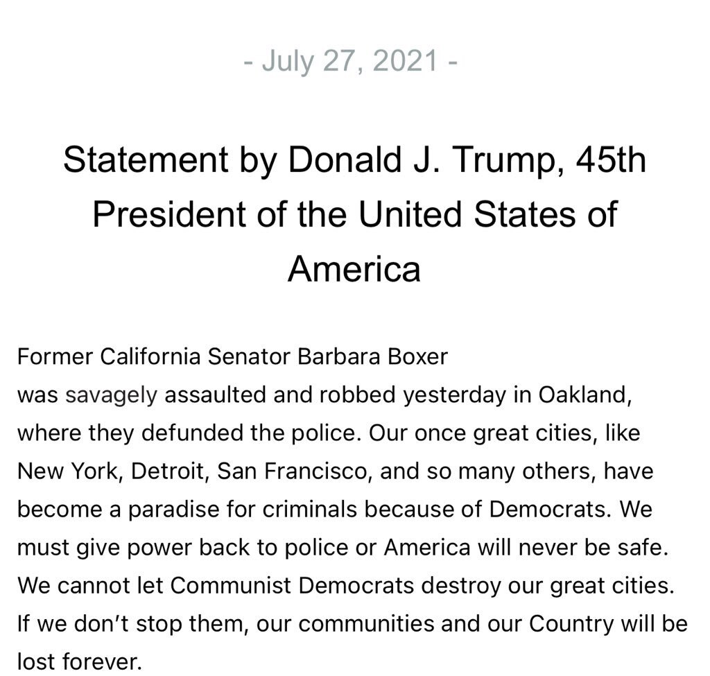 Inbox: Trump on Barbara Boxer 