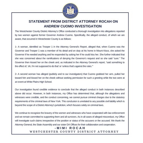 JUST IN: Westchester County, NY District Attorney concludes allegations against Fmr. Gov. Andrew Cuo...