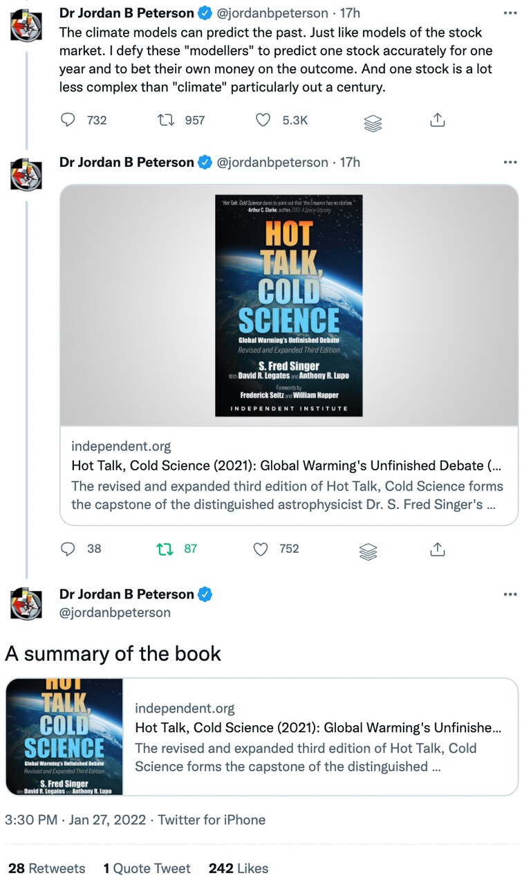 . @jordanbpeterson recently talked about the climate models on the @joerogan show. He further references our book "Hot Talk Cold Science".
If you haven't
