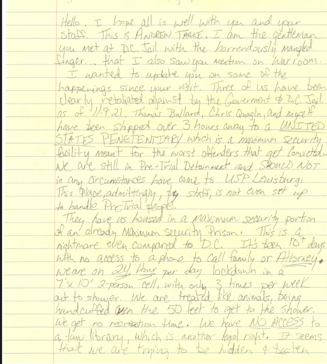 I received a letter from a J6 PRE-TRIAL defendant who says he has been transferred to a maximum secu...