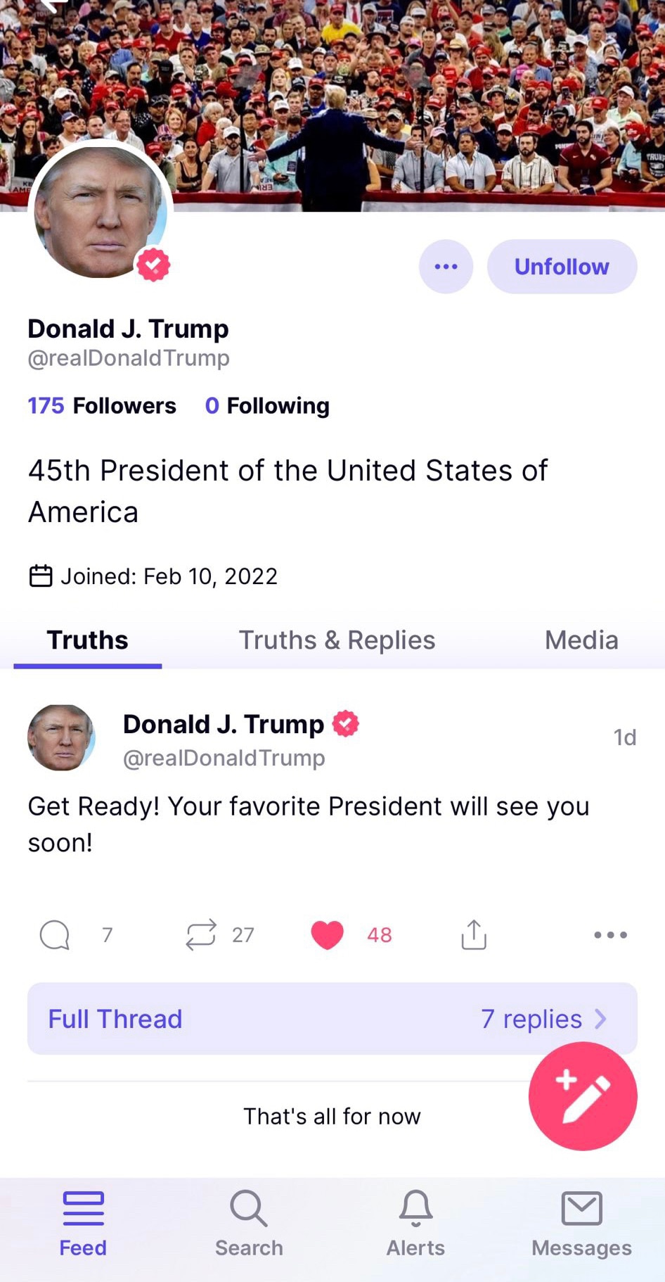 You are looking at President Donald Trump’s first post on Truth Social!

REPOST if you’re going to b...