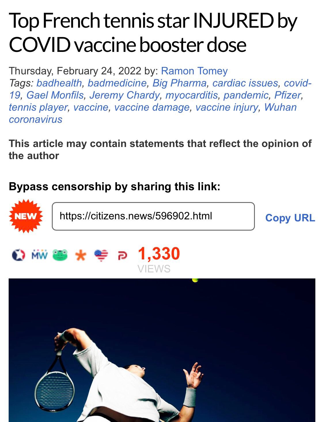 法国顶级网球选手盖尔·蒙菲尔斯承认，由于疫苗接种后的副作用，他无法打网球。

在法国网坛，杰里米·查尔迪的排名也出现下滑，这让他以后很难参加比赛