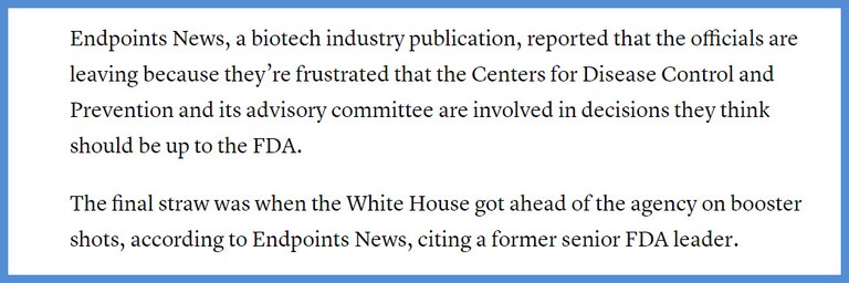 FDA senior officials depart because of political interference in approval processes for vaccines, per CNBC.

https://www.cnbc.com/2021/08/31/two-senior-f
