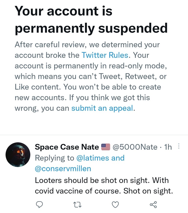 My Twitter account got indefinitely suspended. It's ok. I got like 6 backup accounts, but here's the tweet that got this one deleted.