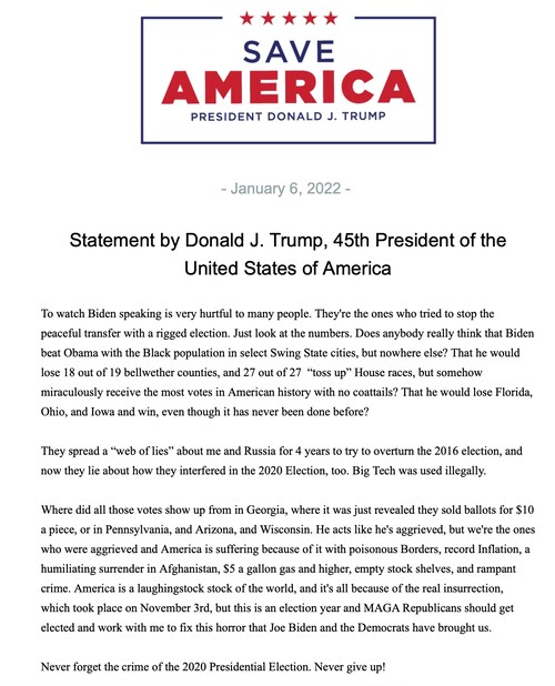 "Never forget the crime of the 2020 Presidential Election. Never give up!"

PRESIDENT TRUMP'S FULL STATEMENT:
