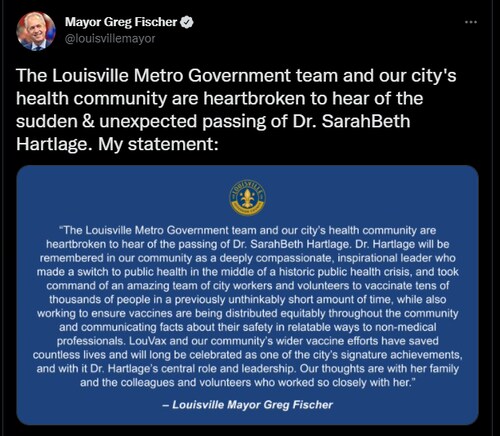 Dr. SarahBeth Hartlage: 36 Year Old Louisville, Kentucky Doctor & leader of COVID Vaccine Distribution has died "unexpectedly"

Her Twitter feed was full of re-posts from top COVID grifters, con artists & frauds (including Alberta's major COVID huckster, UofA Law Prof Timothy Caulfield @CaulfieldTim)

She mocked & ridiculed Ivermectin

She posted endless misinformation on COVID: she minimized vaccine effects on fertility & menstrual cycles & pushed fraudulent unvaxxed hospital numbers

She was a 100% believer in COVID propaganda, lies & fraud

She was fully vaccinated & boosted

Sadly, she never woke up.

https://community.covidvaccineinjuries.com/sarah-beth-hartlage-36-year-old-louisville-doctor-department-leader-of-covid-vaccine-distribution-has-died-unexpectedly/
