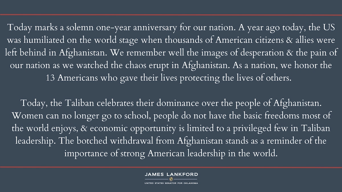Today marks a solemn one-year anniversary of Biden Admin’s failed withdrawal from #Afghanistan