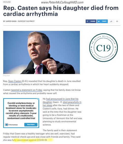 Because COVID-19 vaccines cause fatal myocarditis and many cases are silent before the cardiac arrest, Casten's daughter died of this condition unless proven otherwise.  He should come out publicly and warn parents and children that this can happen to them and the only way to avoid catastrophe is to decline the unnecessary shots.