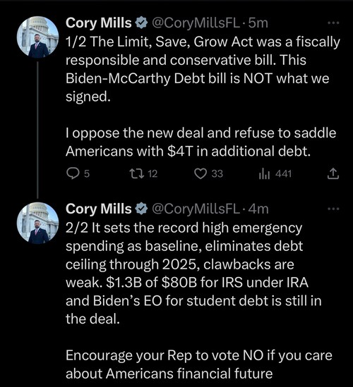 Combat Vet Cory Mills HARD NO on Debt Deal 

https://twitter.com/corymillsfl/status/1663524101409964...