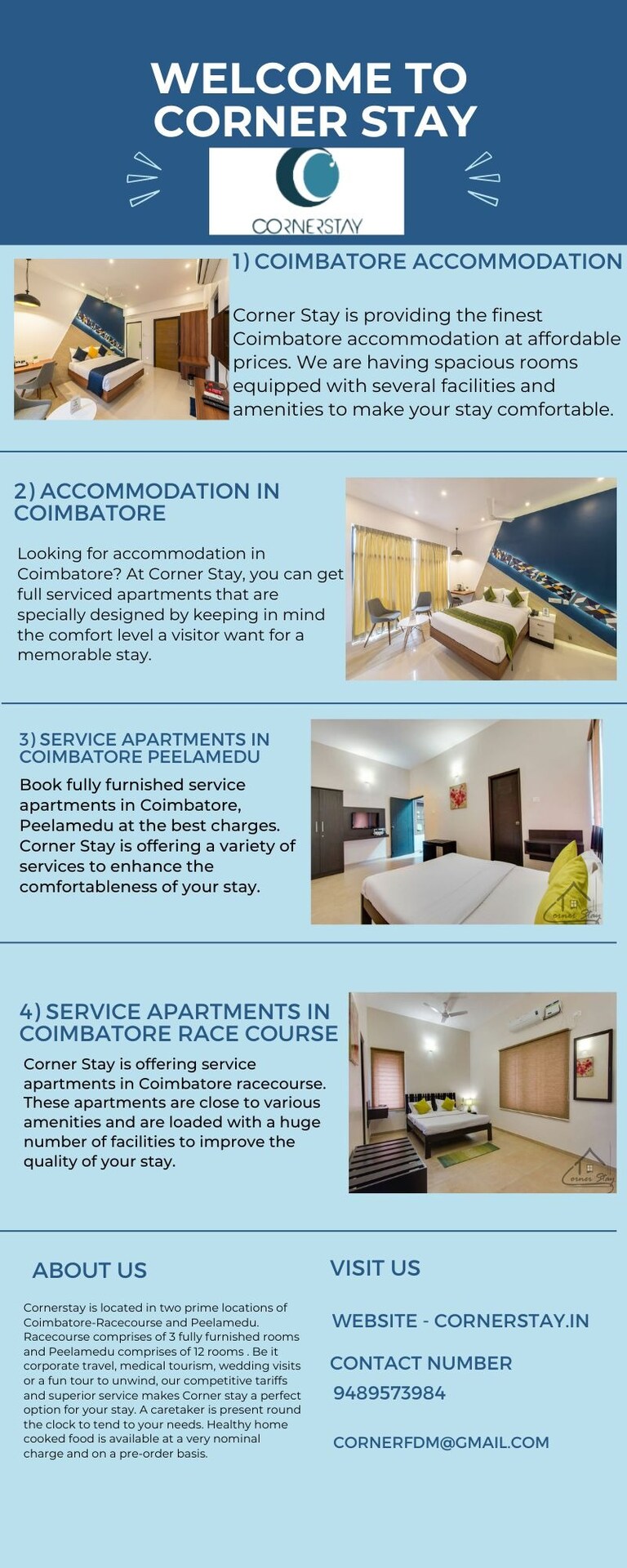 Service Apartments in Coimbatore Peelamedu Book fully furnished service apartments in Coimbatore, Peelamedu at the best charges. Corner Stay is offering a