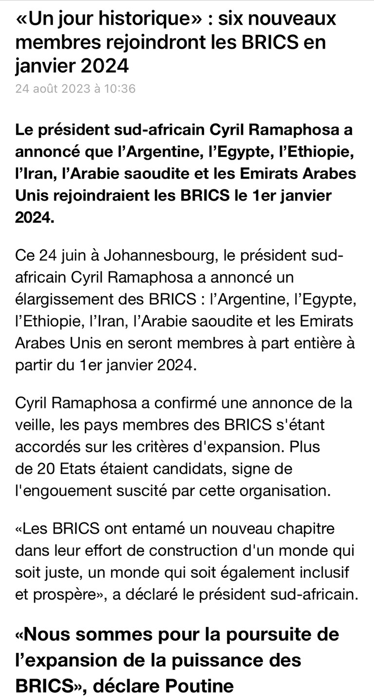 Le président sud-africain Cyril Ramaphosa a annoncé que l’Argentine, l’Egypte, l’Ethiopie, l’Iran, l’Arabie saoudite et les Emirats Arabes Unis rejoindraie