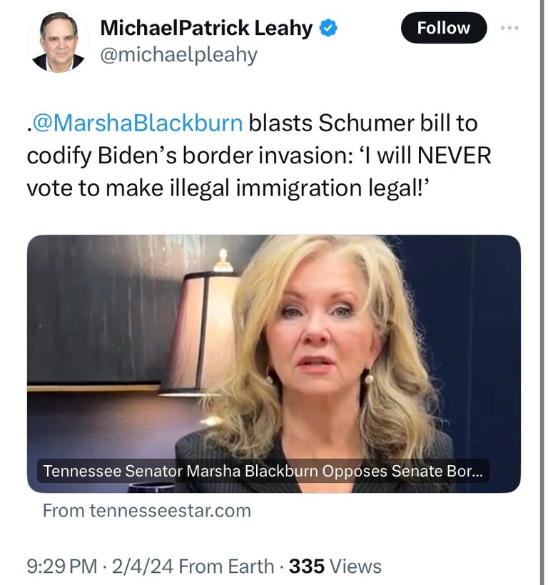 
Senator Blackburn of Tennessee is a HARD NO 

https://x.com/michaelpleahy/status/1754331431491215364?s=46