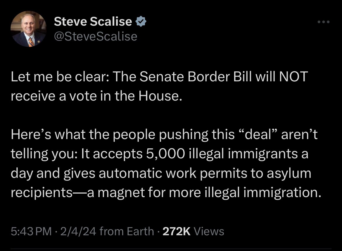 Majority Leader Scalise :
Invasion Bill Dead 

https://x.com/stevescalise/status/1754319765894578181...