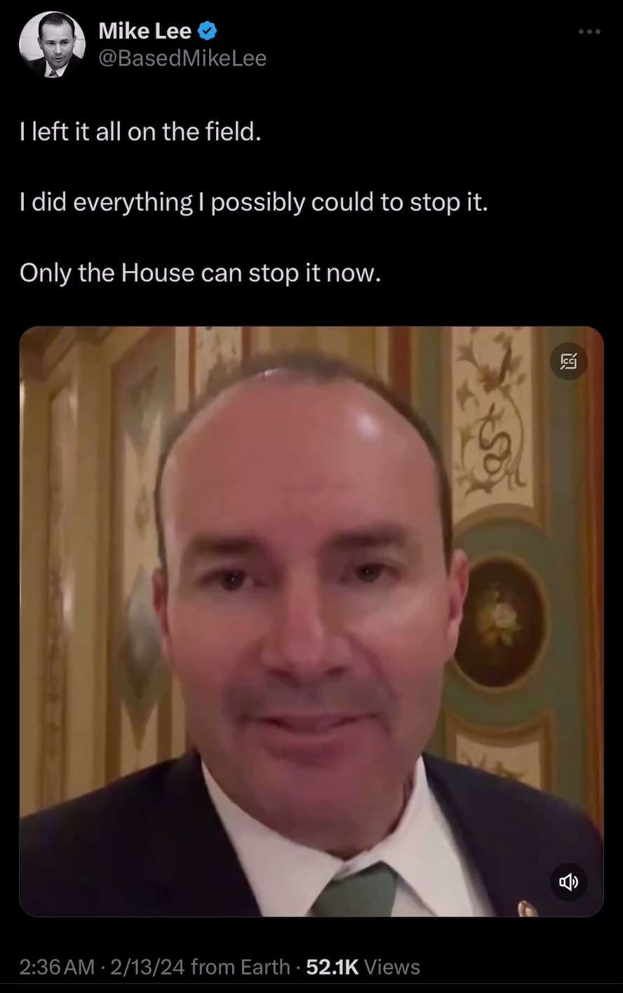 Senator Mike Lee leaves it ‘all on the field’ 

https://x.com/basedmikelee/status/175735312529428927...