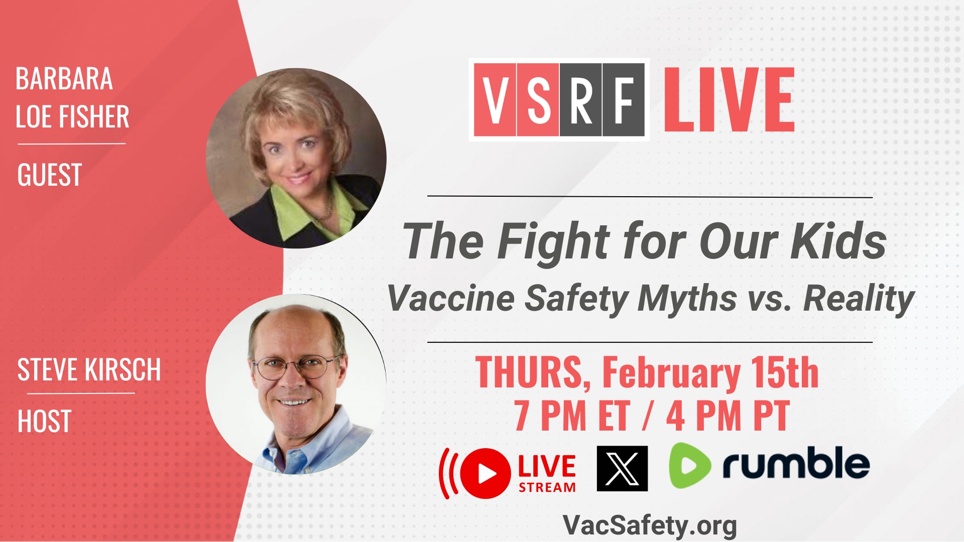 It’s literally every parent’s worst nightmare…

You bring your healthy, happy, beaming-with-life child into her well visit with your white frocked, grinning pediatrician who assures you that your child is in the best of health and is ready for her latest round of vaccines.

Within hours, the child is lifeless, convulsing and totally unresponsive as you rush her to the ER to hand her over to the same people who pushed you into this “treatment” mere hours before. This is what happened to our next guest on VSRF LIVE in the year 1980.

Hear the harrowing tale of health WARRIOR Barbara Loe Fisher and her 40+ year fight to bring true, informed consent to parents across America. 

This is a discussion that every parent, grandparent and concerned citizen MUST see! 
