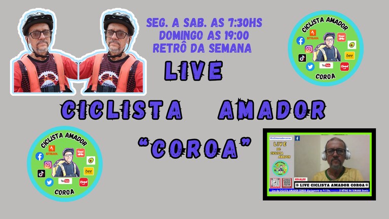 Live do Ciclista Amador Coroa no YouTube, SEG. a SAB. as 7:30hs e Domingo o RETRÔ das Lives as 19:00hs.
https://youtube.com/@CiclistAmadorcoroa?si=F2vLx3o5