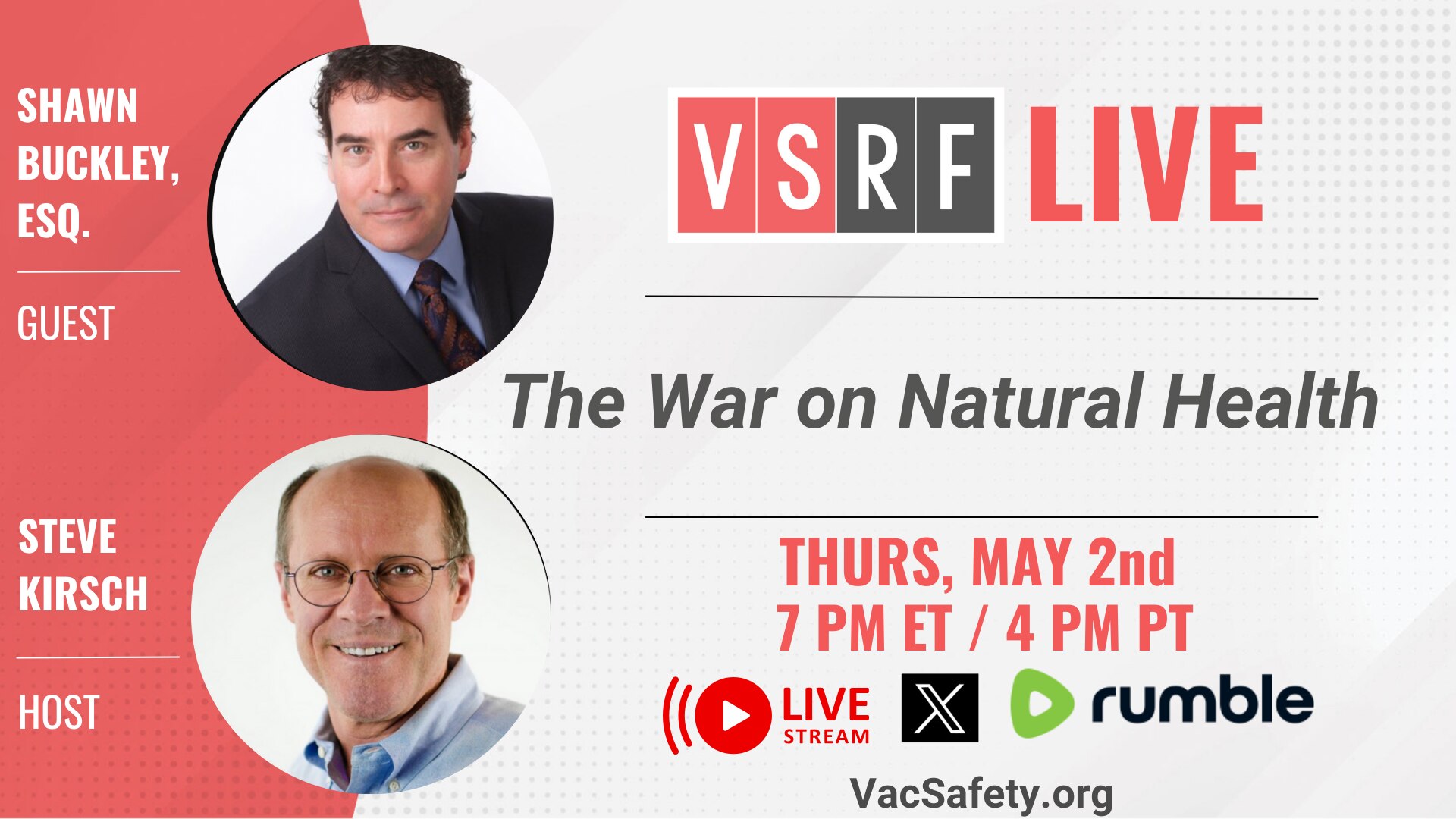 On this Thursday’s VSRF LIVE, Steve will sit down with Canadian constitutional attorney Shawn Buckley, who has been on a crusade for over 30 years defending the rights of natural health companies under attack by big pharma and major health institutions such as Health Canada.

Mr. Buckley has developed expertise in Health Canada litigation and defending regulatory charges under the Food and Drugs Act in the area of natural health products. It is likely that he has defended more charges in this area than any other lawyer in Canada. Most of these cases involved a constitutional challenge. He was also invited to draft the Charter of Health Freedom.

Bring a friend and see you there!

https://rumble.com/c/VaccineSafetyResearchFoundation
