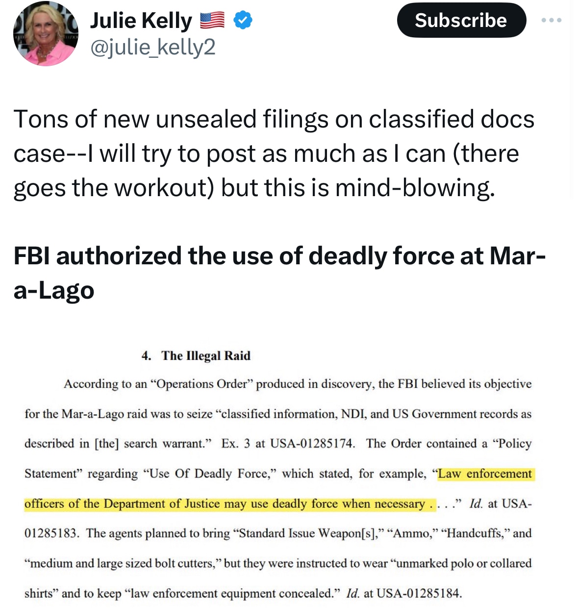 This is grounds for impeachment of Wray and Garland.

Trump and team was cooperating the entire time with the FBI.

Was deadly force authorized against Biden for his docs?

Were they going to shoot SS then Pres Trump, Melania, and Barron too???

Speaker Mike Johnson fully funded the DOJ and FBI plus new building and tied our hands behind our backs to hold them accountable.

We have the power of the purse and Johnson has handed the purse to Chuck Schumer.

All of this is unforgivable.