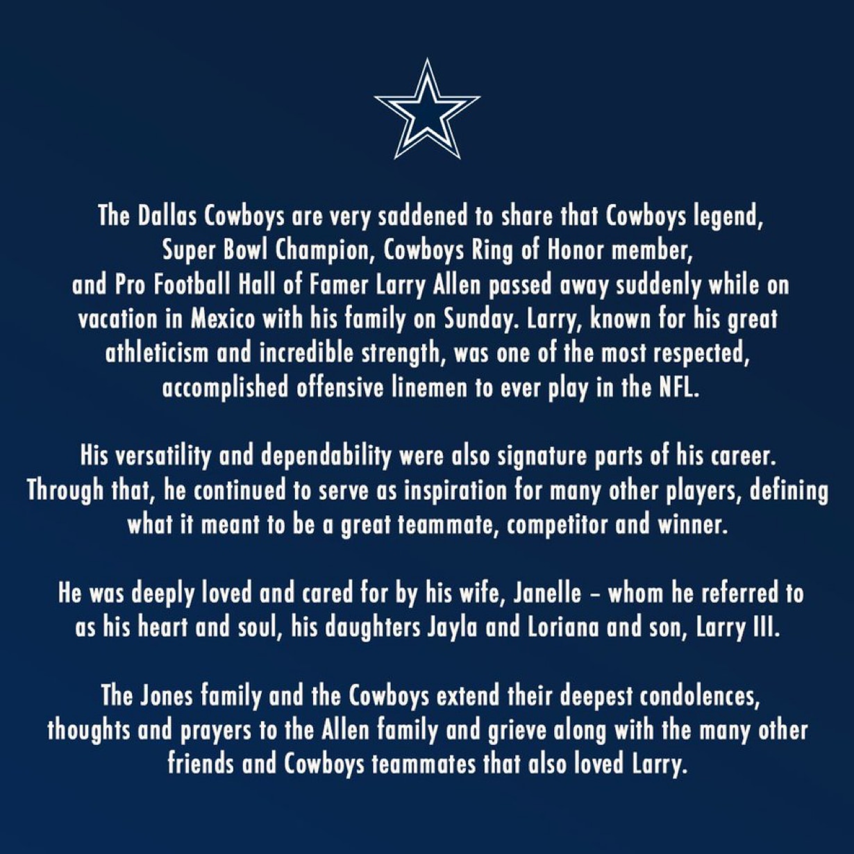 Larry Allen one of the Greatest Lineman in NFL History passes suddenly at 52. 😢🏈💙. 