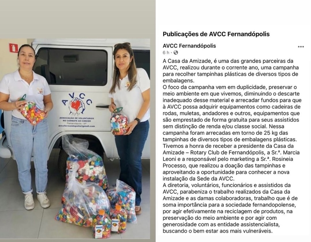 Texto do AVCC e da Casa da Amizade de Fernandópolis:

AVCC DE FERNANDÓPOLIS .

A Casa da Amizade, é ...