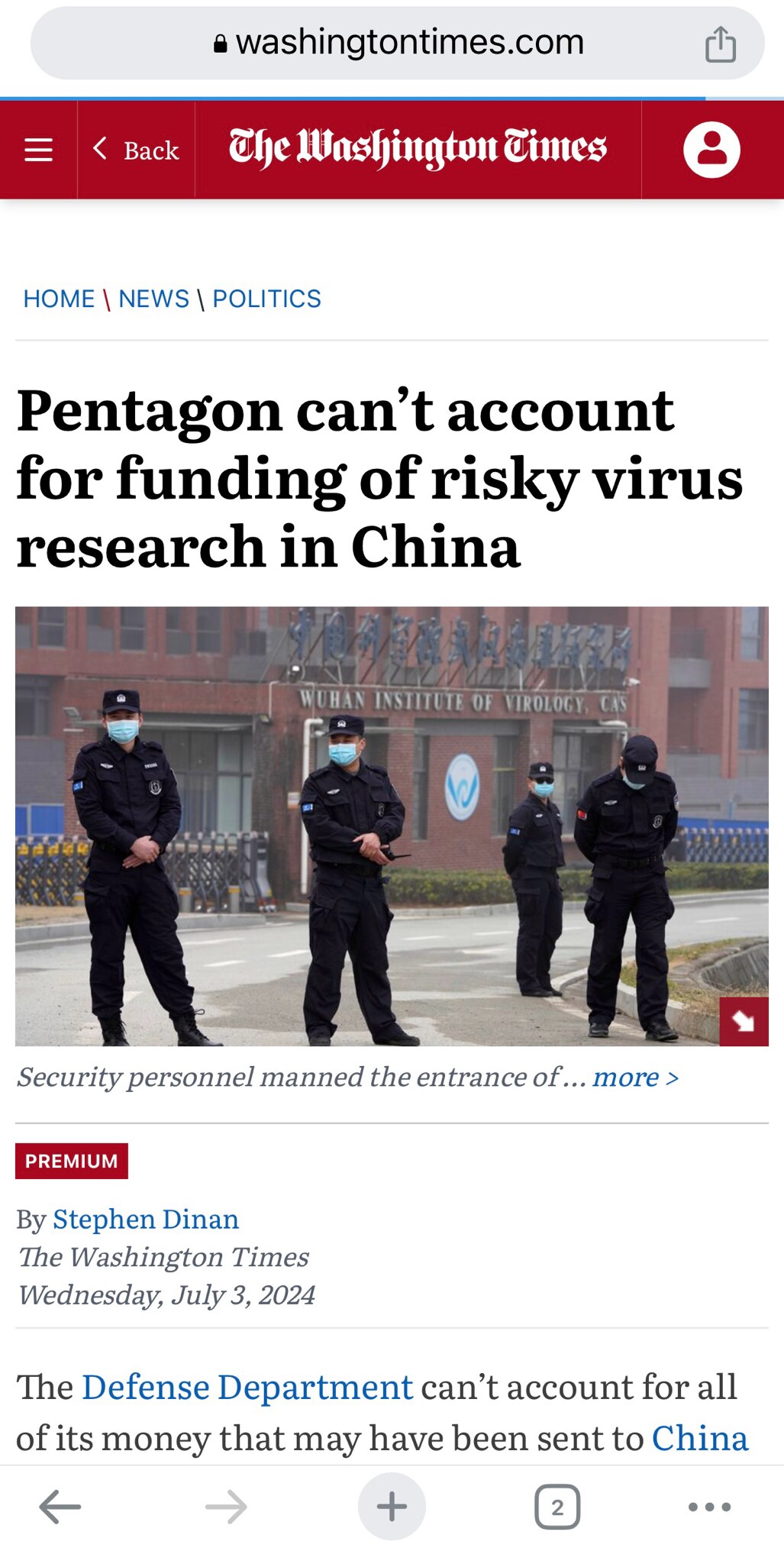 🟡 The Washington Times 7.3.2024 -  Pentagon can’t account for funding of risky virus research in China
《华盛顿时报》2024年7月3日 - 国防部无法解释哪些研究经费流入中共病毒实验室

07/05/2024 根据 华盛顿时报(The Washington Times) 7月3日报道，上月底发布的审计报告显示, 国防部官员坚称没有故意资助可能导致中共病毒大流行的实验,美国监察长也没有对这种说法提出怀疑。由于该部门的数据问题,调查人员的工作面临”重大限制特别是很难从国防部系统中查出承包商是否将工作分配给了 中共国 或其他国家的分包实验室。要想弄清所有研究经费的去向,唯一的办法就是进行全面的人工审查,而国防部和 监察长 都没有这样做。
一些美国机构认为冠状病毒 是从武汉 的一个研究实验室泄露的。该病毒研究所接受了美国的资助,但提供资助的机构表示,这笔资金并非用于中共病毒的功能增益研究。

&gt;&gt;&gt; https://www.washingtontimes.com/news/2024/jul/3/pentagon-cant-account-for-funding-of-risky-virus-r/

#covidorigin #ccpvirus #wuhanlab #covidfunding #audit #病毒溯源 #武汉实验室 #中共病毒 #研究经费 #审计报告