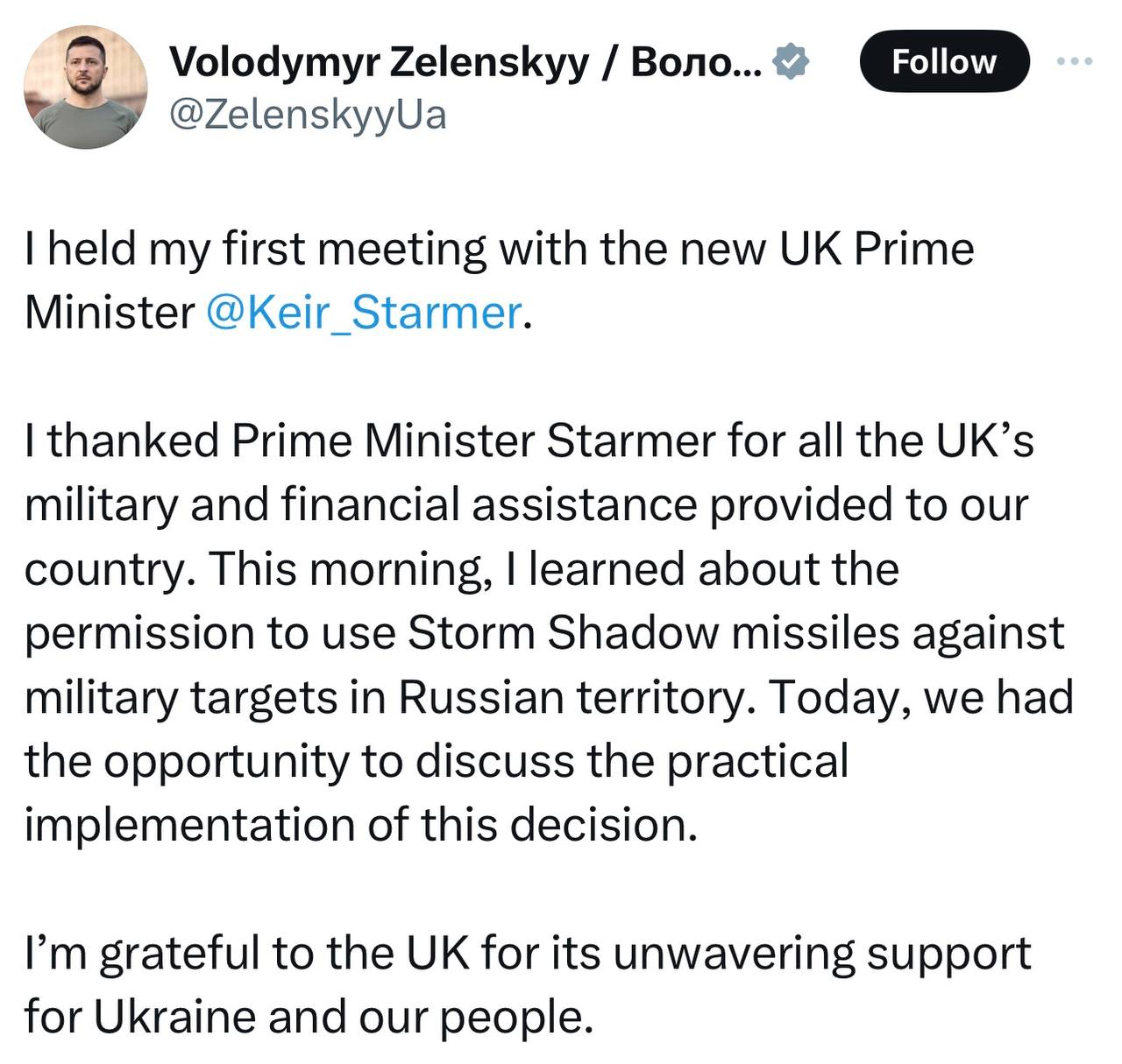 Great Britain is openly at war with Russia.  You know how this will end. 

 Zelensky - discussed how to use missiles to attack Russian territory: "I had my first meeting with the new British Prime Minister Keir Starmer. I thanked Prime Minister Starmer for all the military and financialз assistance the UK has provided to our country. I learned about the permission  use Storm Shadow missiles against military targets on Russian territory. We had the opportunity to discuss the practical implementation of this decision. I am grateful to the UK for its unwavering support for Ukraine and our people."
 https://x.com/vicktop55/status/1811242031802458527?t=kvLnaI4M9twUWxatXILMnQ&s=19