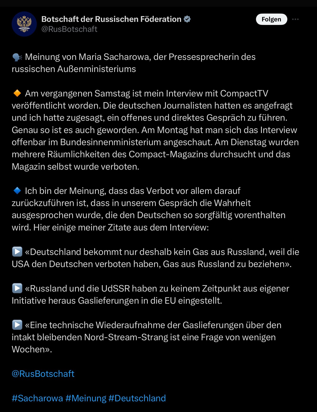 Die Sprecherin des russischen Außenministeriums zum Compact-Verbot durch Faeser.

t.me/Rosenbusch