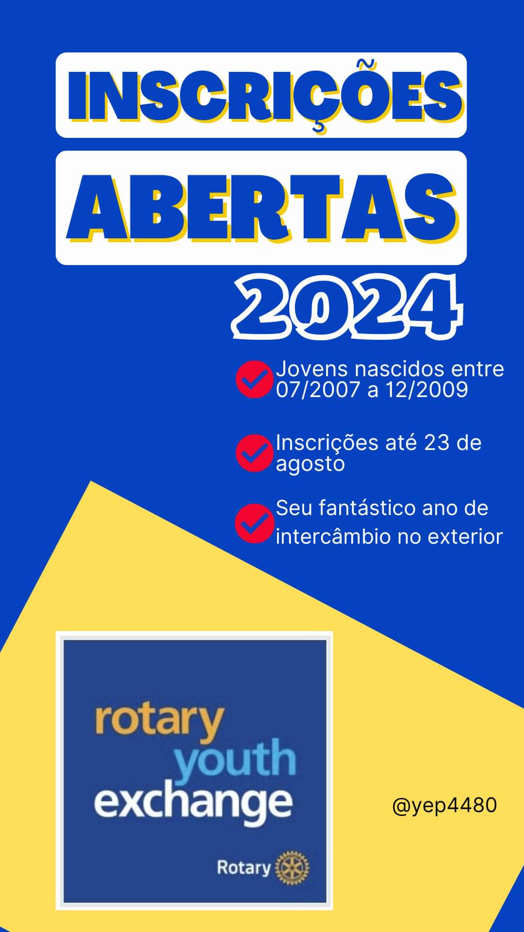 Texto do YEP4480:

Está aberto o período de inscrições do processo seletivo 2024/2025 para o intercâ...