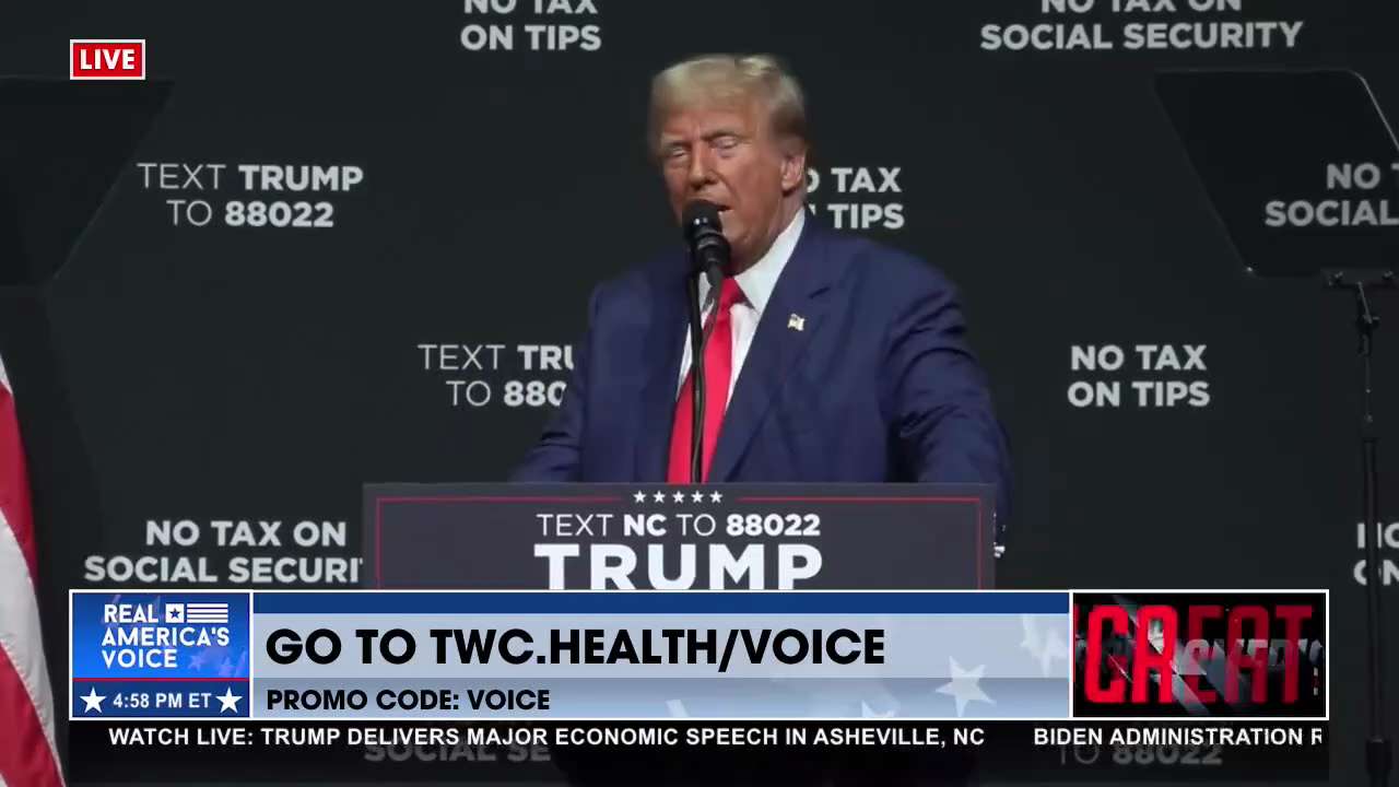 "NO TAX ON SOCIAL SECURITY." President Donald Trump lays out his plan to protect seniors' income and Medicare.  

Watch our complete coverage of President Trump’s Speech here: https://rumble.com/v5axc39-trump-to-deliver-remarks-on-the-economy-in-asheville-nc.html
