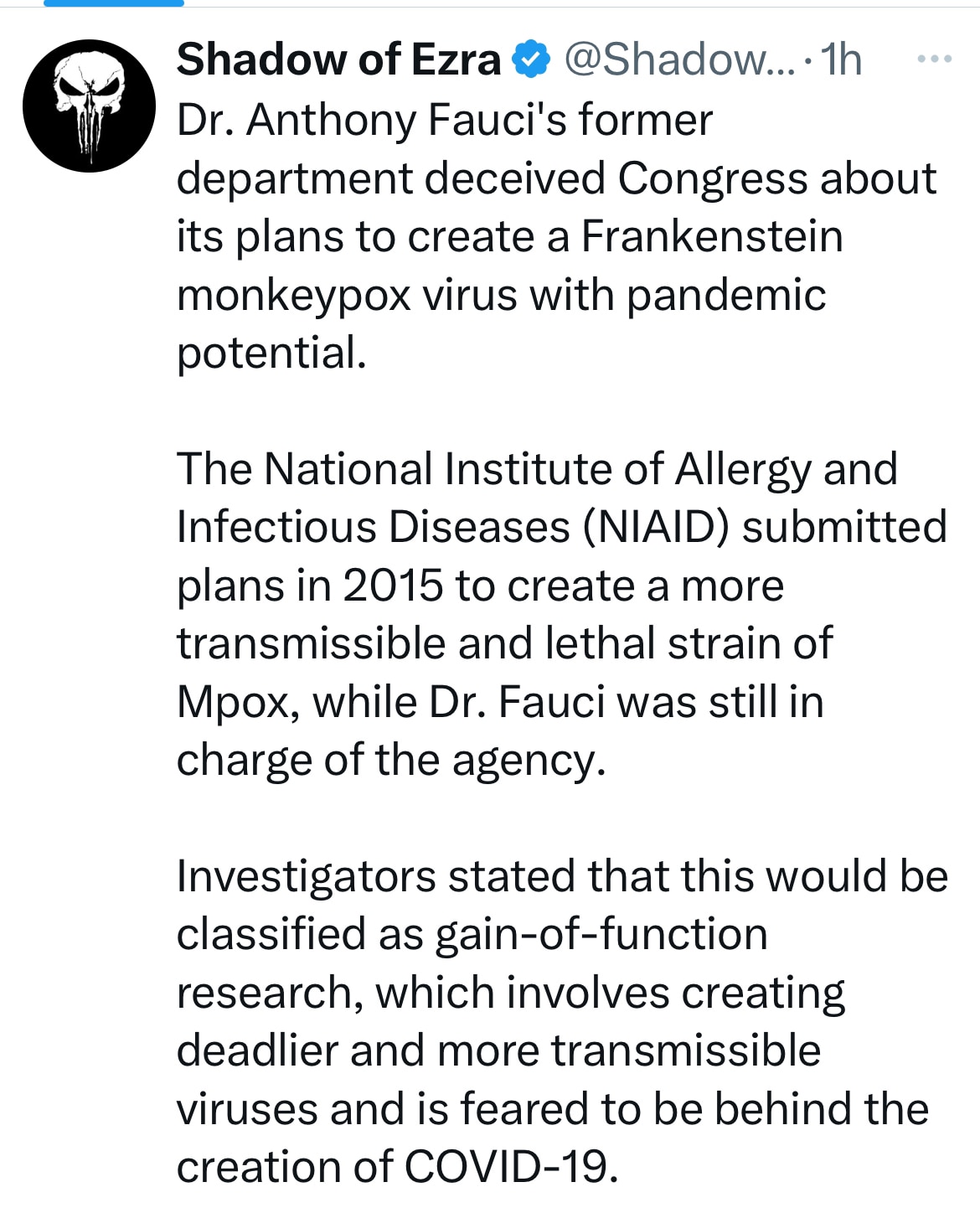 No one can seem to stop the funding or jail these government bureaucrats, starting with fauci. 

They would rather let him kill us all than have to deal with him.