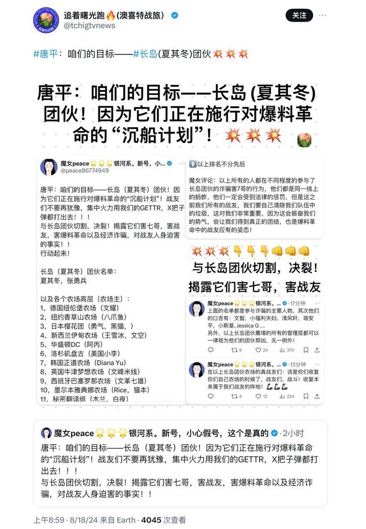 唐平、魔女、安红团伙，继续对长岛哥、文耀等农场主、CEO、骨干战友肆意攻击！

@changdaobrother @Forrest01 @nizi17

该出手了！